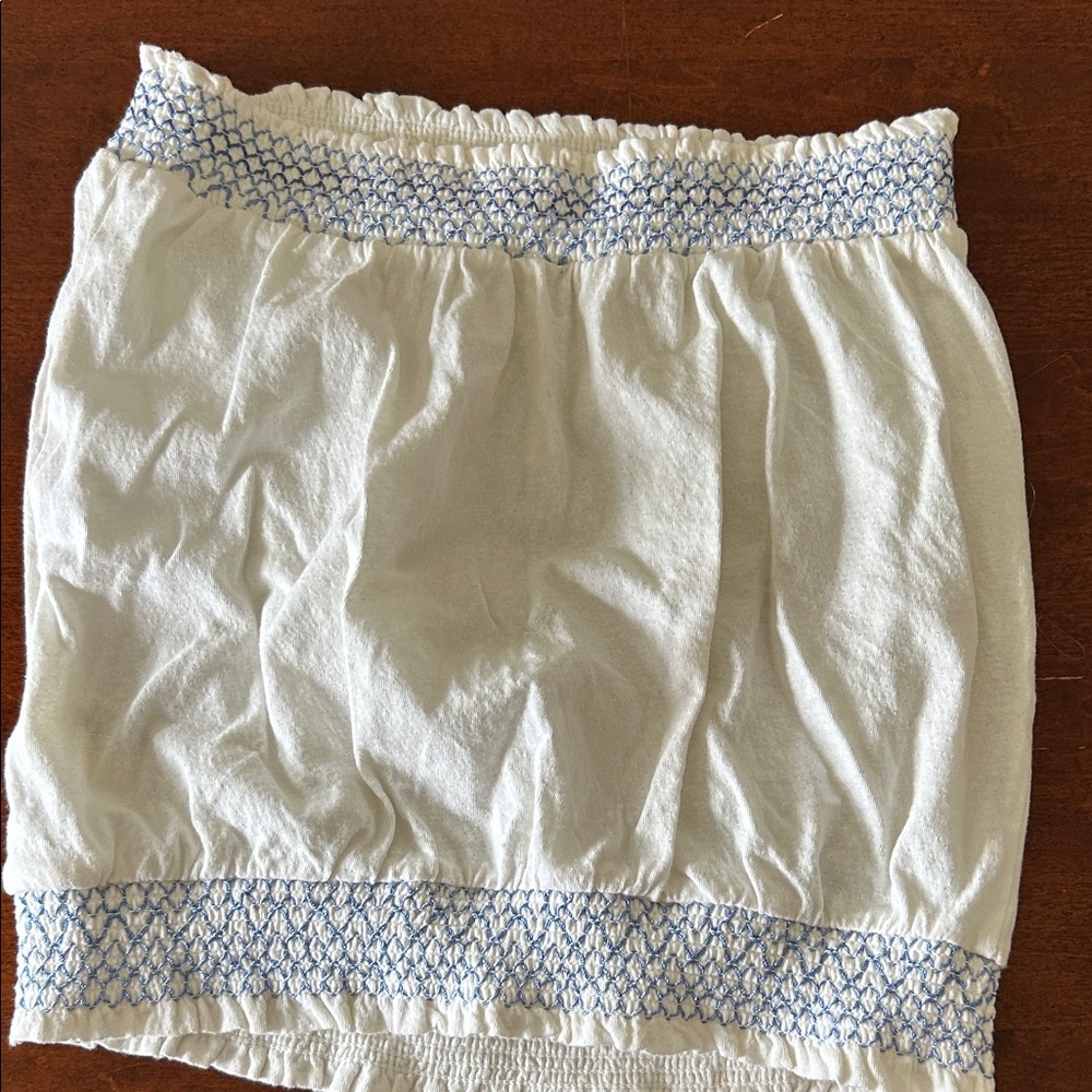 Anthropologie White Smocked Tube Top with Blue Embroidery - Picture 4 of 5